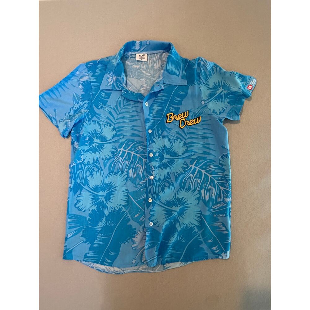 Brew Crew Hawaiian Shirt Medium Blue Tropical Button Front Rayon Camp Shirt